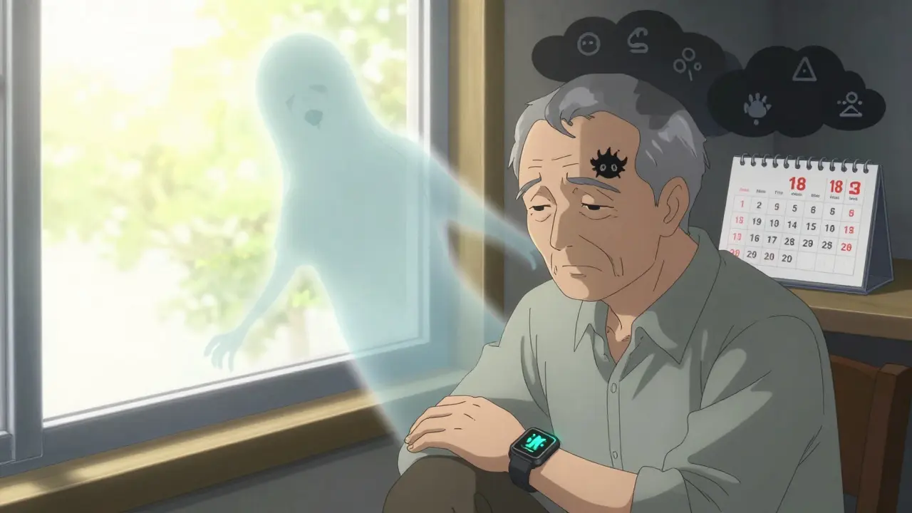 Elderly man with ghostly drug figure behind him, 18-month fatigue timeline glowing on smartwatch.