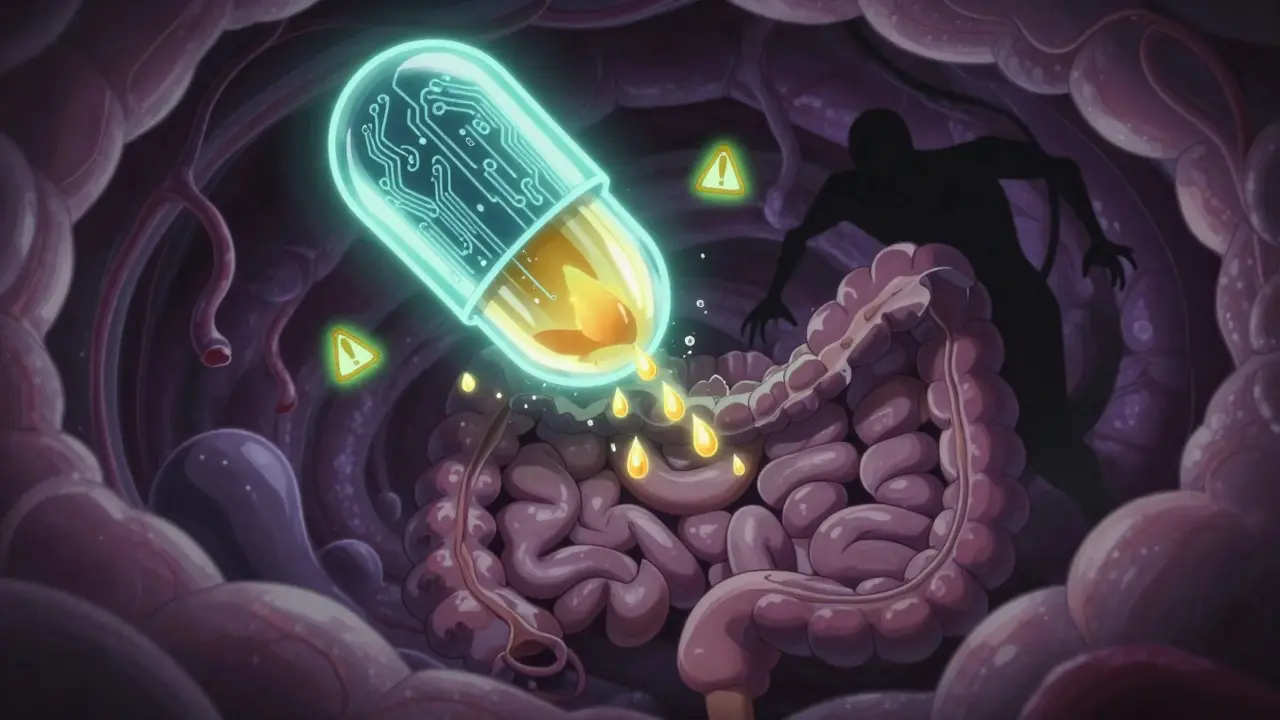 Extended-release pill slowly releasing medicine through intestines, with a dangerous 'dose dumping' shadow nearby.