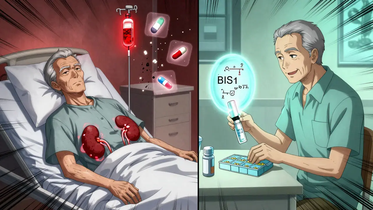 Frail elderly man in hospital with toxic drug crystals, contrasted with safe home scene and protective BIS1 equation.