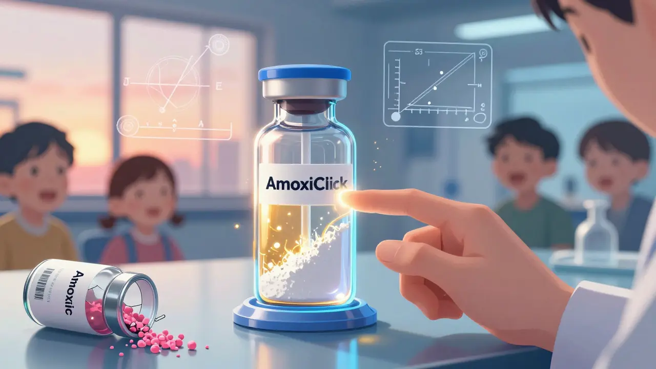 Futuristic antibiotic bottle activating as expired bottle crumbles nearby