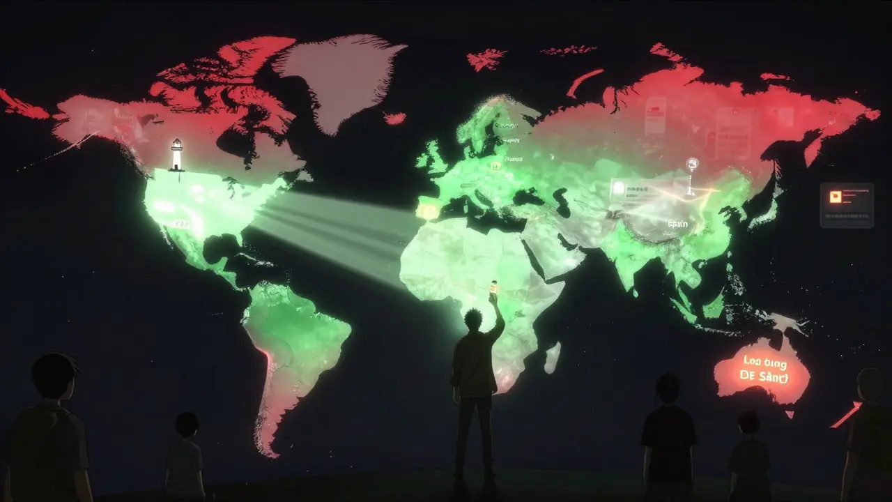 Global map with contrasting light patterns from U.S. and EU drug regulators, a traveler holding a pill amid floating safety alerts.