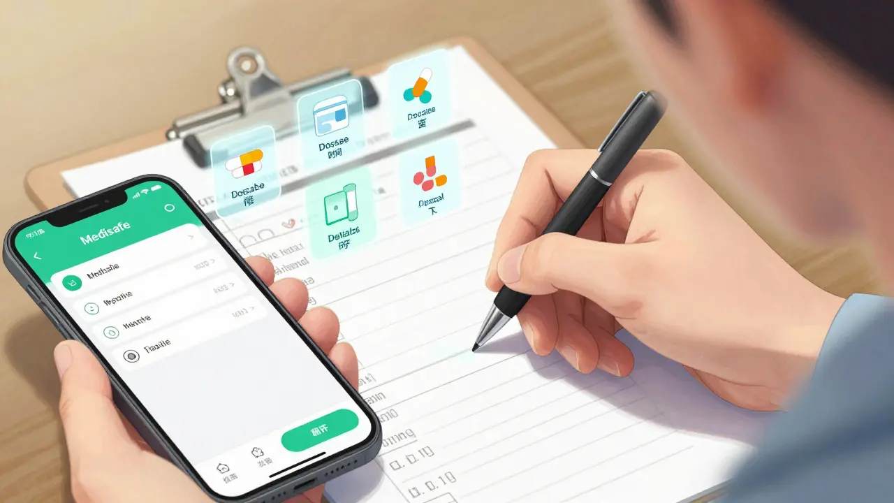 Hand writing a medication list beside a smartphone showing a medication reminder app.