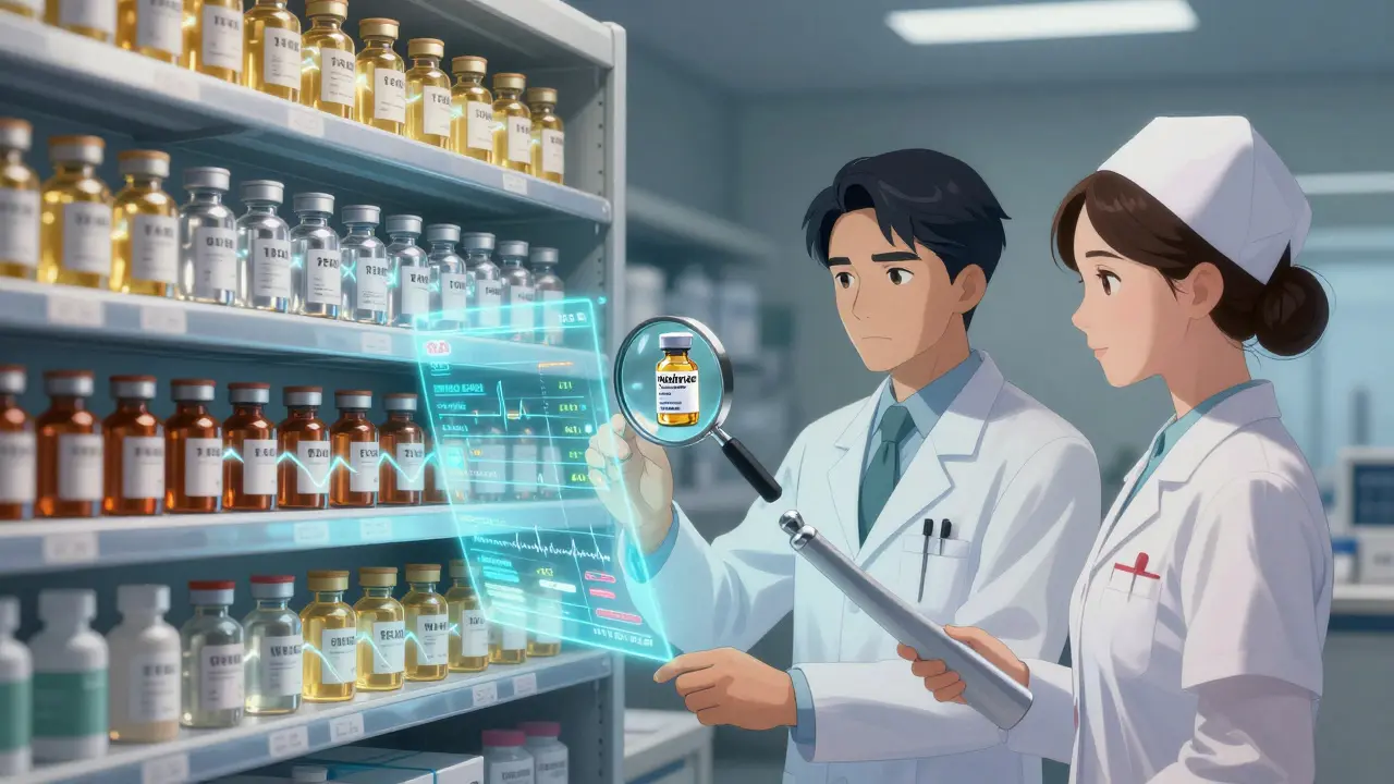 Healthcare workers examining holographic expiration data and tiered medication vials on a hospital shelf.