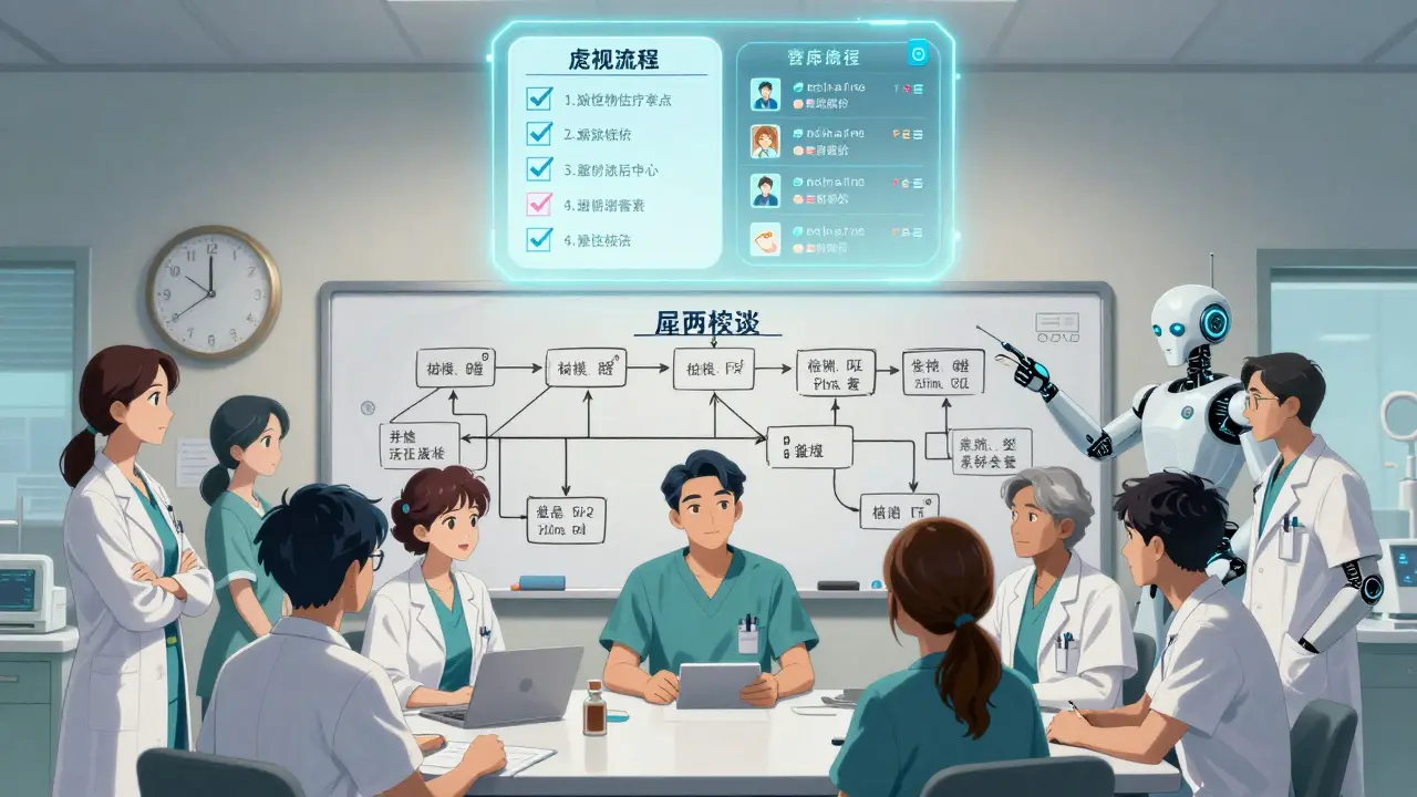 Medical team reviewing a seven-step replacement protocol on a glowing whiteboard with AI projections.