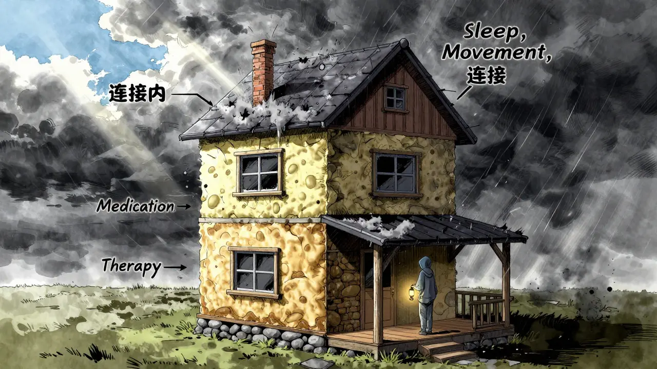 Metaphorical house with medication, therapy, and lifestyle layers standing strong against storm, figure holding lantern on porch.