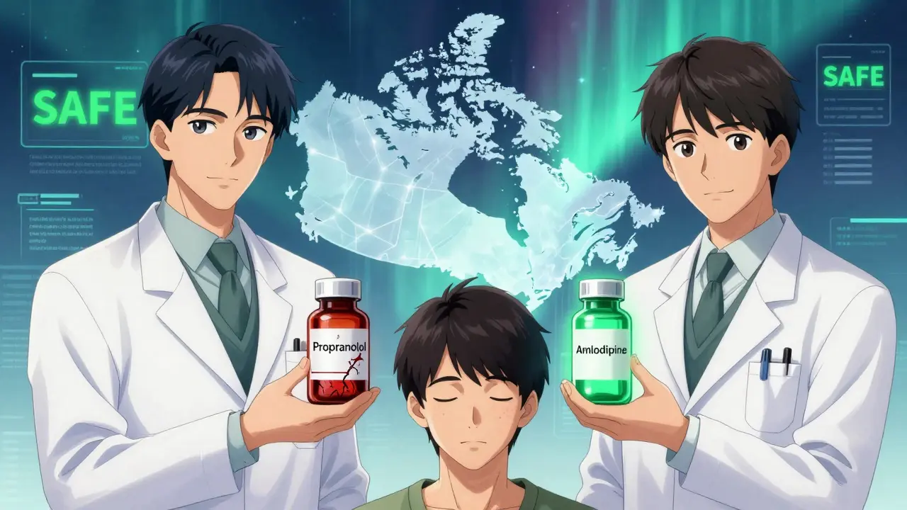 Patient between two doctors, one holding a harmful beta-blocker, the other a safer alternative with green light.