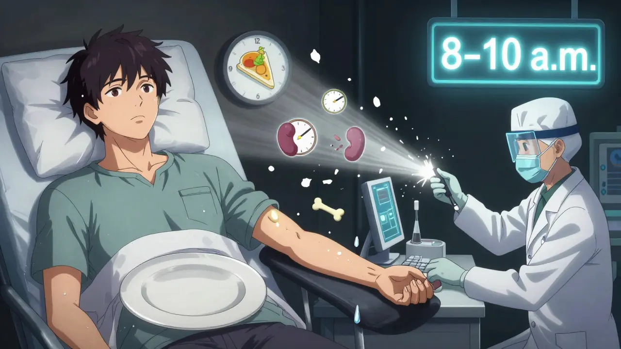 Patient fasting at 8 a.m. beside a lab technician drawing blood under a glowing time sign in manga style.