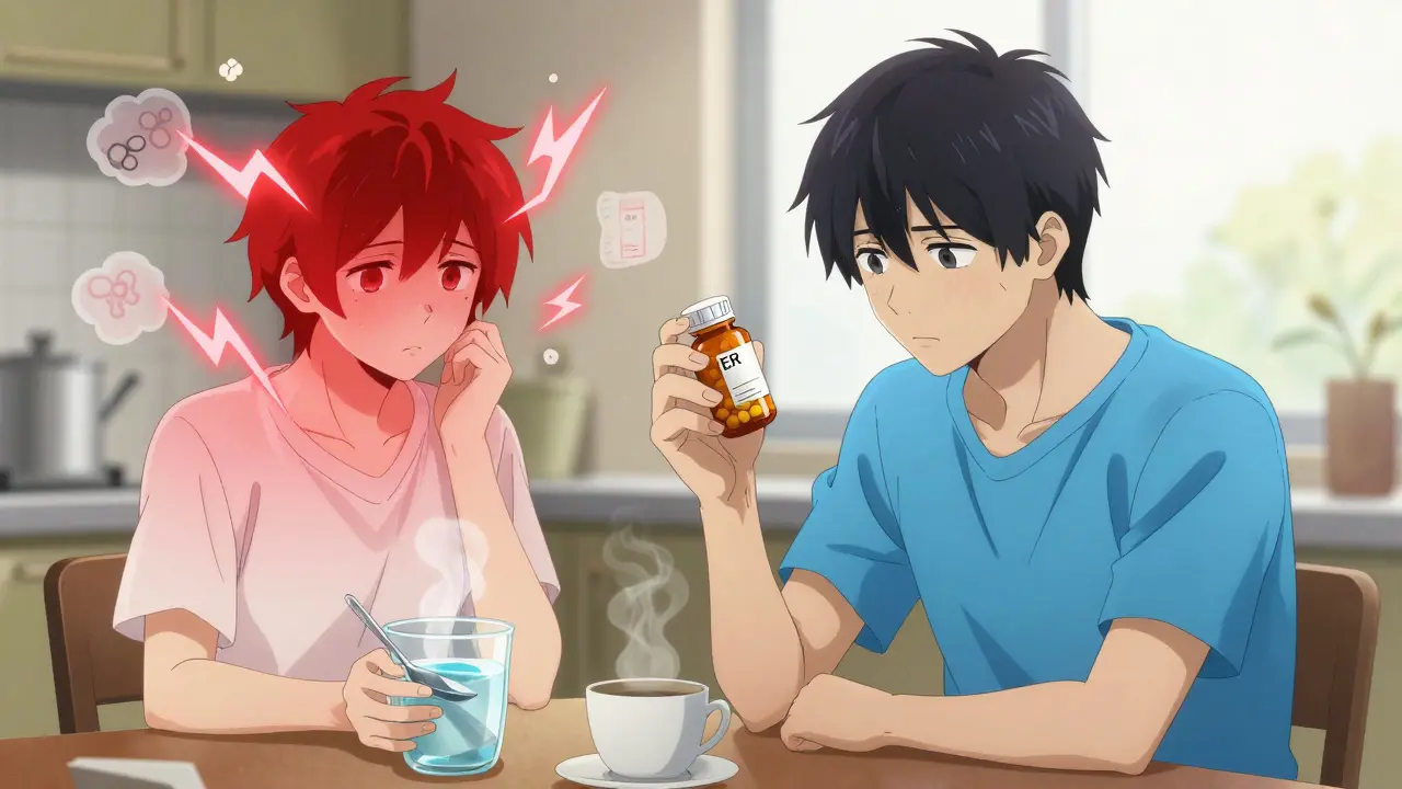 Patient holding an ER pill while ghostly images show side effects from immediate-release versus steady absorption.