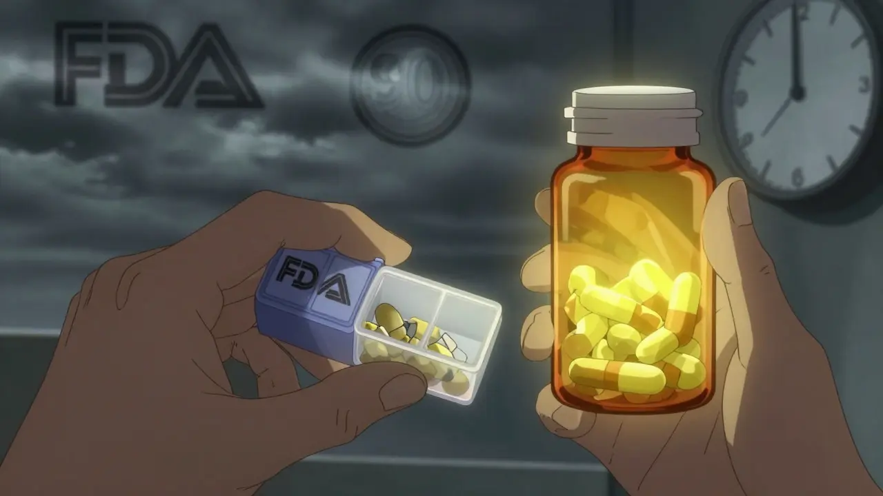 Patient holding degraded pills beside a glowing, safe original bottle, with FDA seal and clock in background.