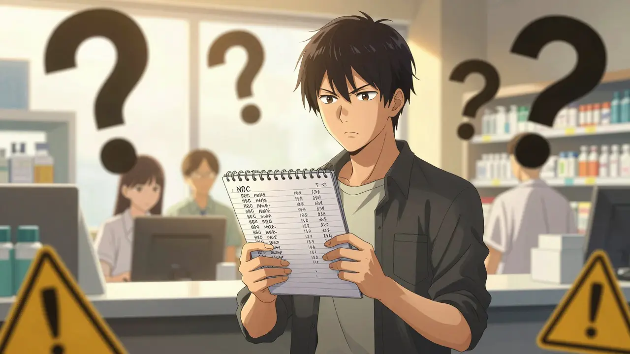 Patient tracking medication changes with notebook, confronting pharmacist amid warning signs.