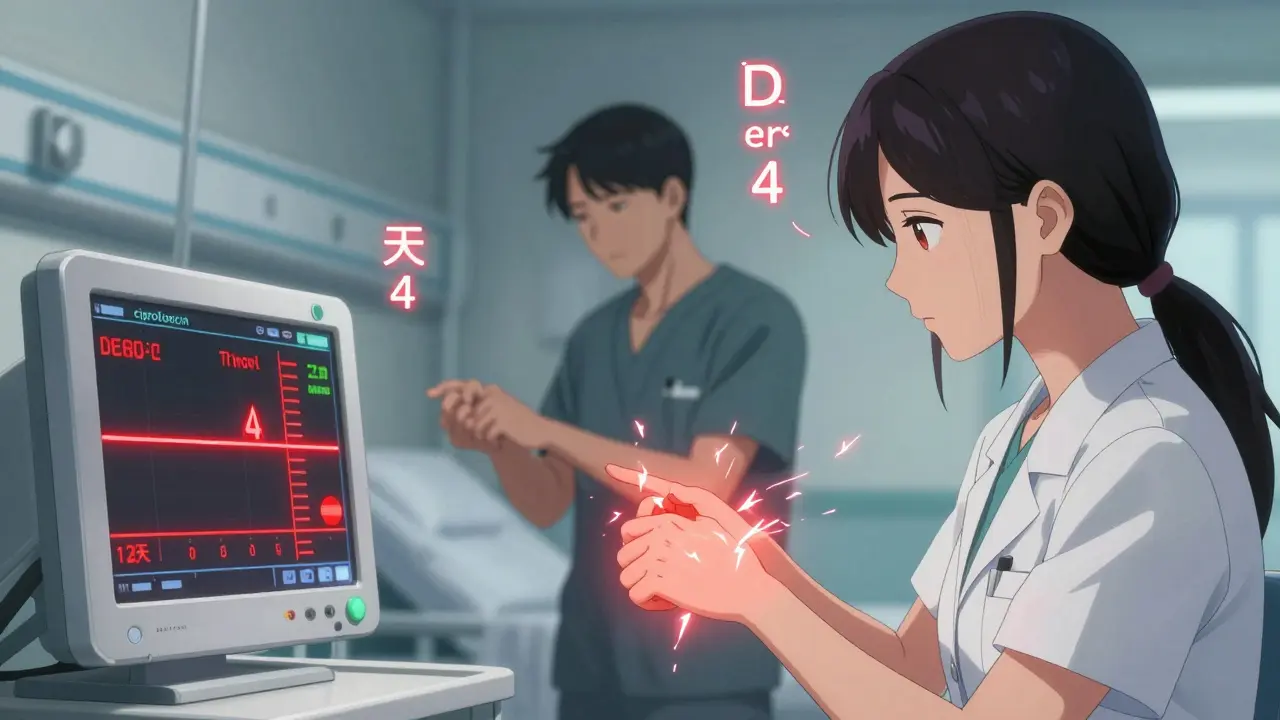 Patient with tingling hand and doctor pointing to ciprofloxacin onset timeline on monitor.