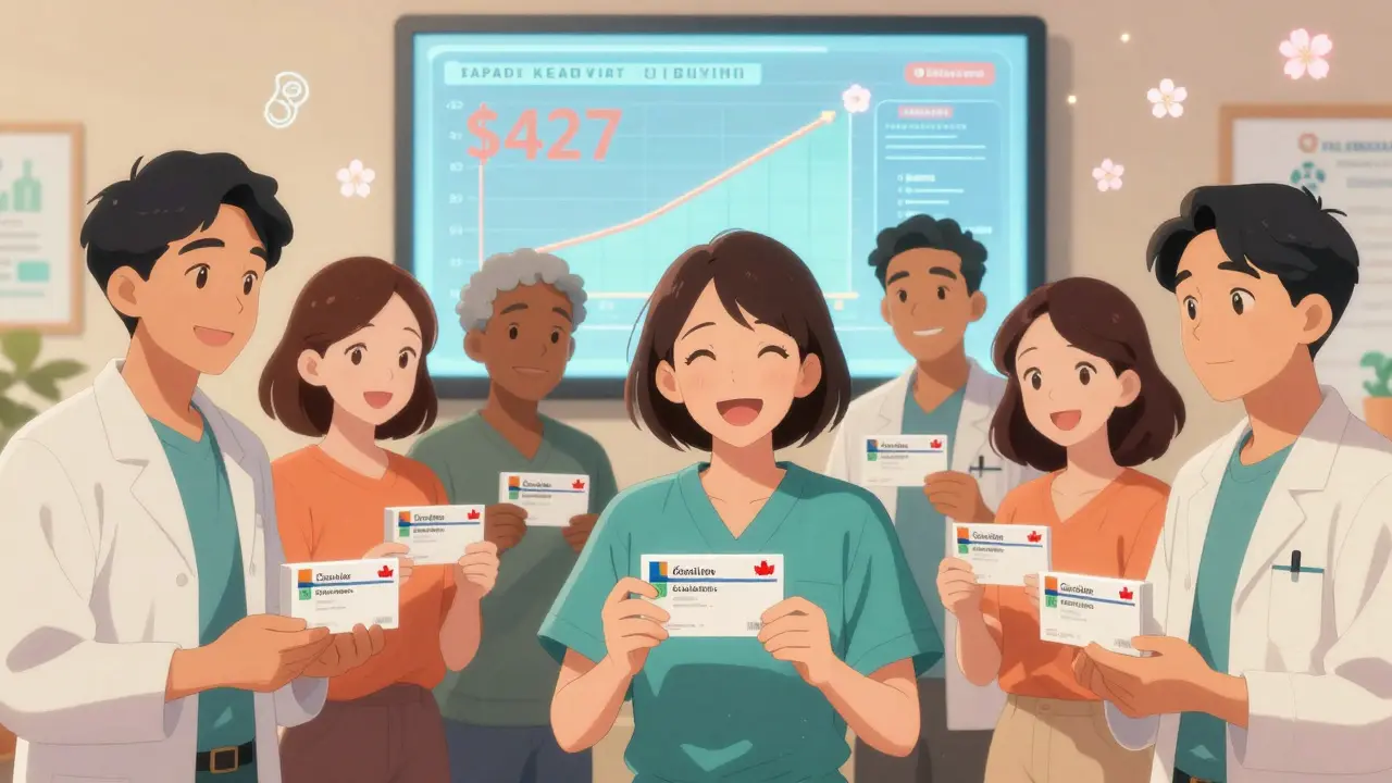 Patients receive affordable drugs from a state import program, with a holographic savings graph in the background.