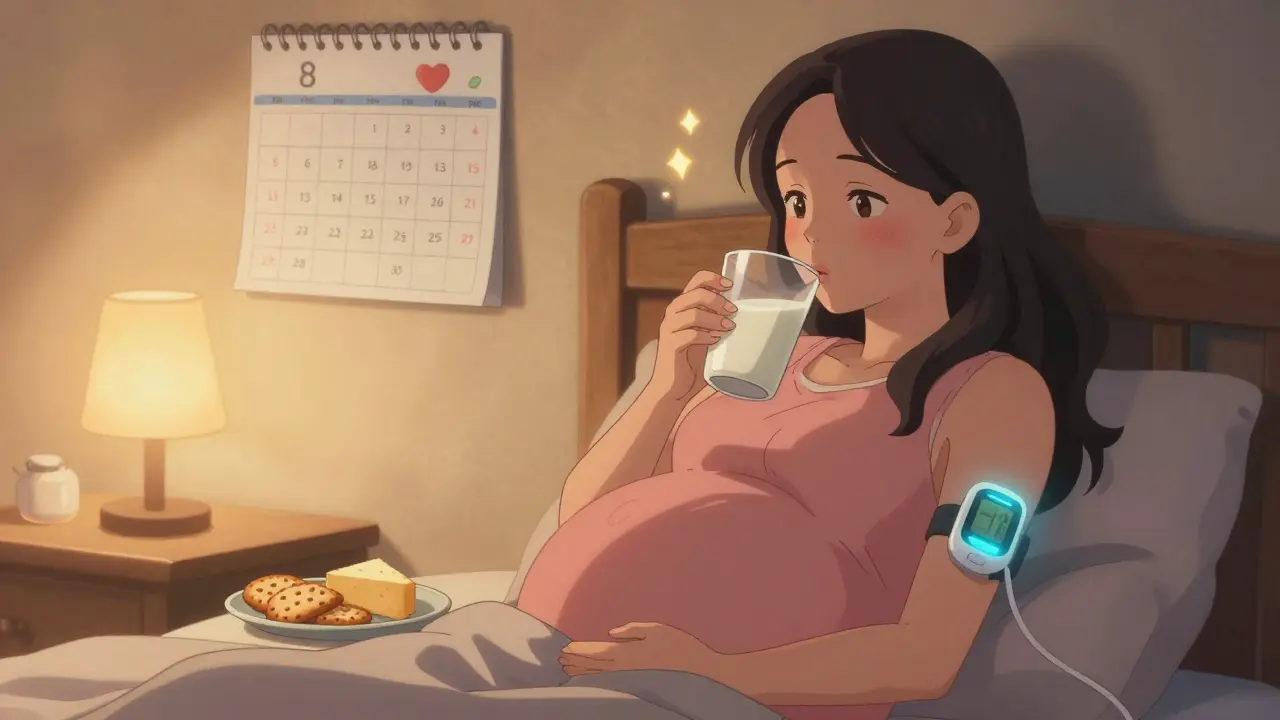 Pregnant woman eating bedtime snack with glucose monitor on arm, warm bedroom lighting.