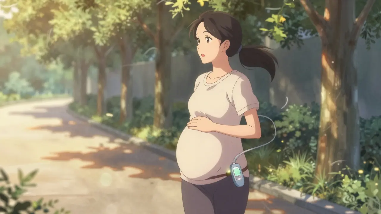 Pregnant woman walking peacefully at dusk, glucose monitor visible on her waistband.