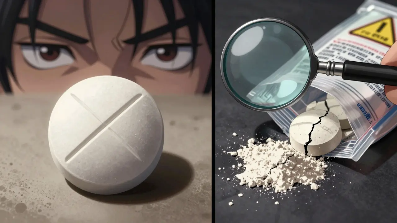 Side-by-side comparison of a legitimate generic pill versus a counterfeit with cracked surface and spilled powder.