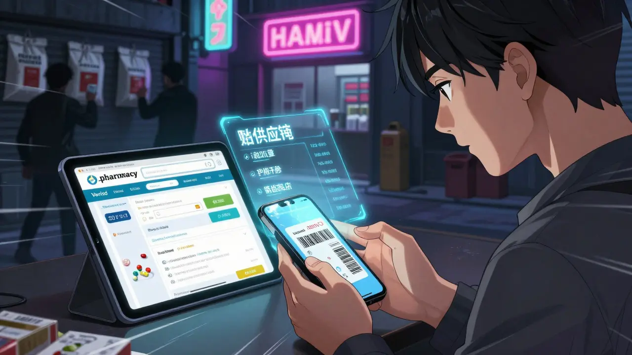 Someone scanning a drug barcode with a smartphone displaying holographic supply chain information.