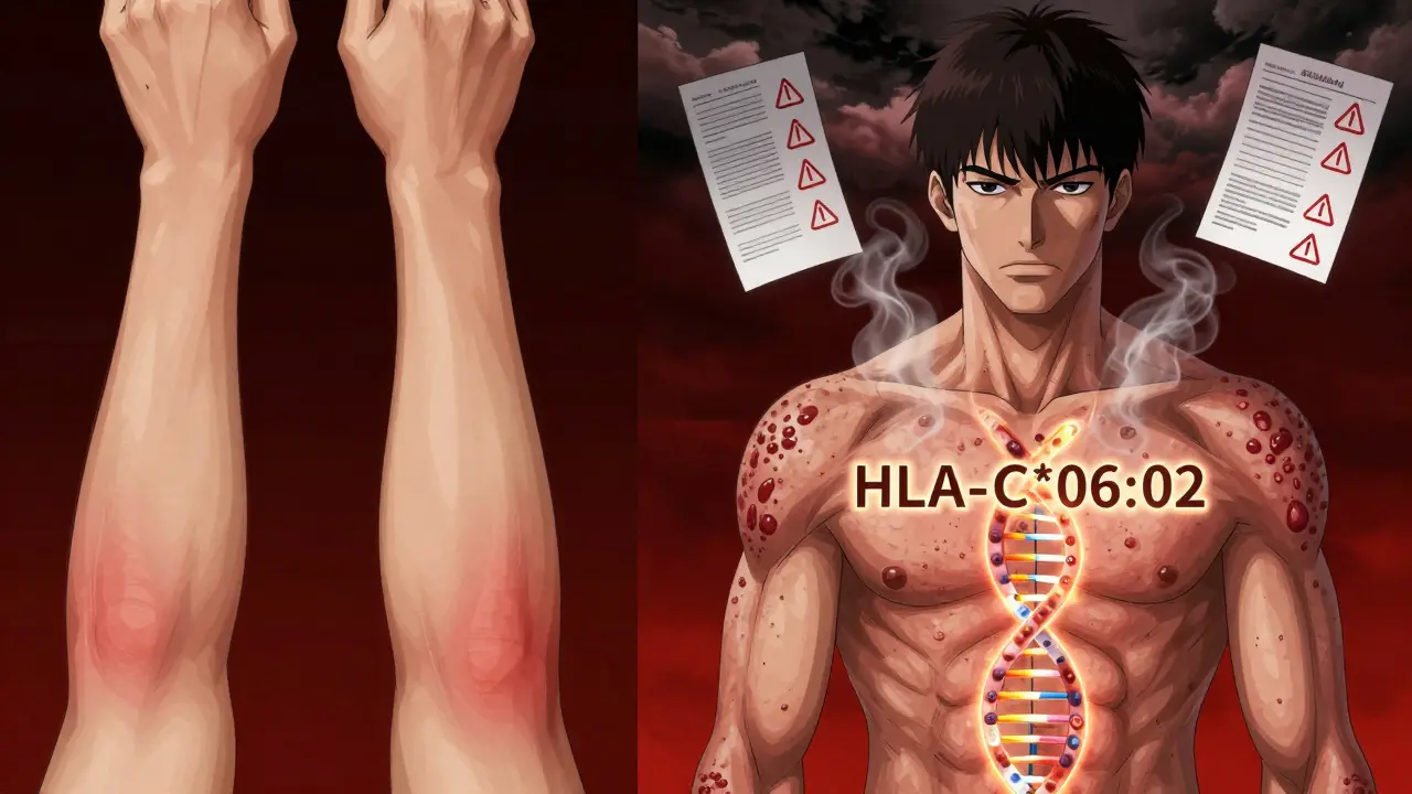 Split image showing psoriasis worsening from mild patches to severe pustules with genetic marker glowing.