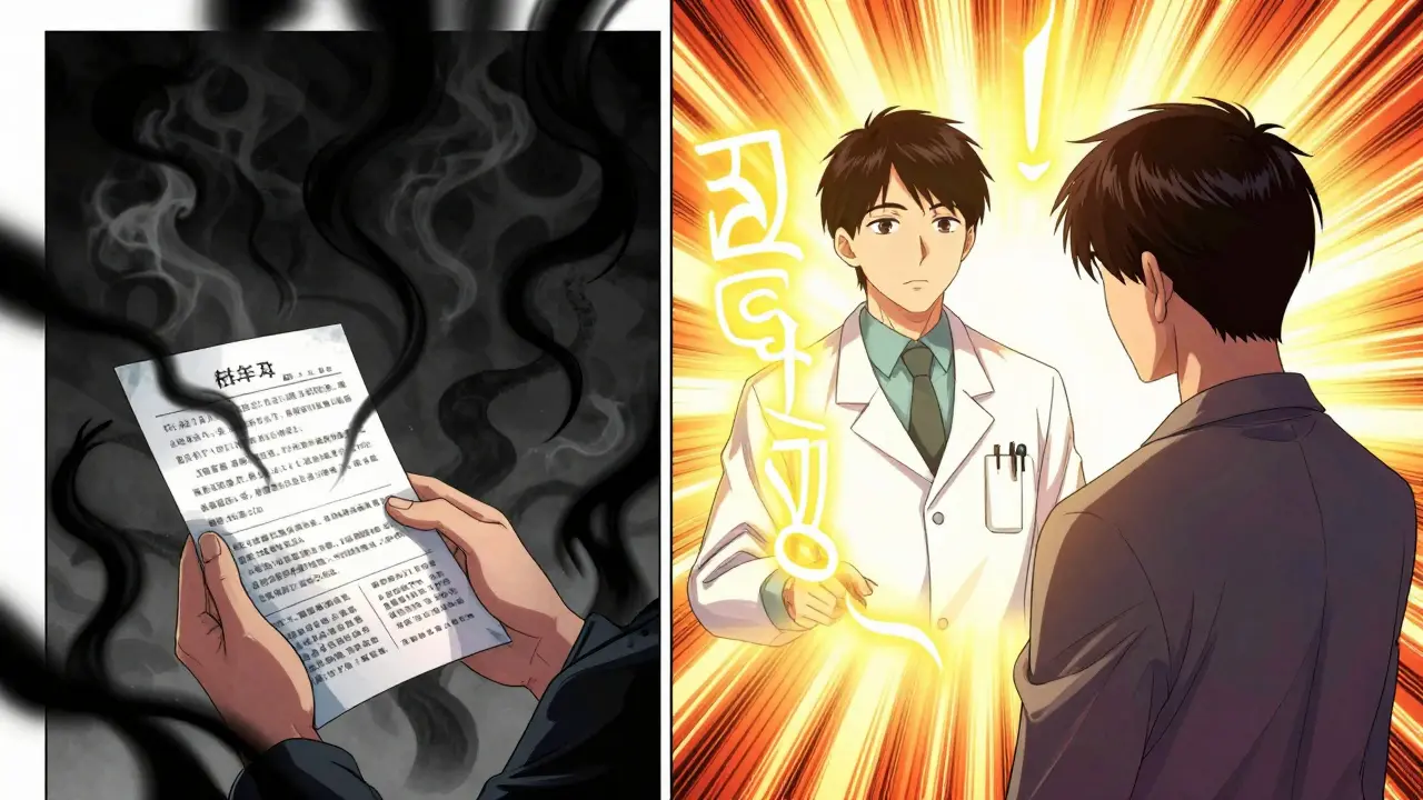 Split scene: dark side effects from a leaflet vs. calming words from a doctor