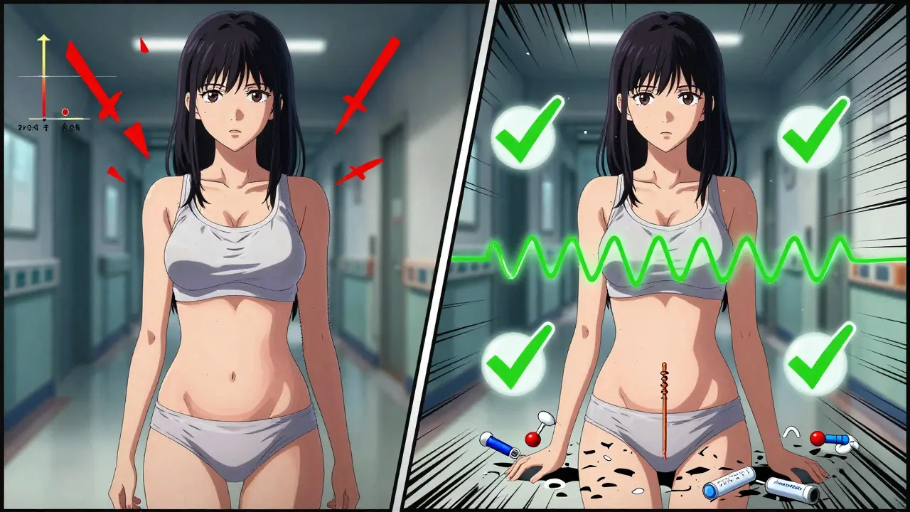 Split scene: implant with red Xs vs IUD with green checkmarks, shattered drug icons below.