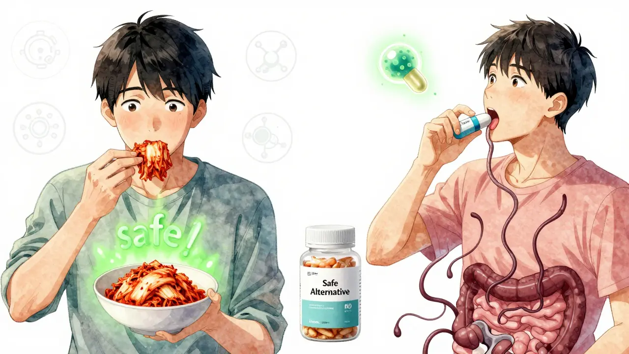 Split scene: one person eating safe fermented food, another taking risky probiotic capsule, with postbiotic alternative glowing above.