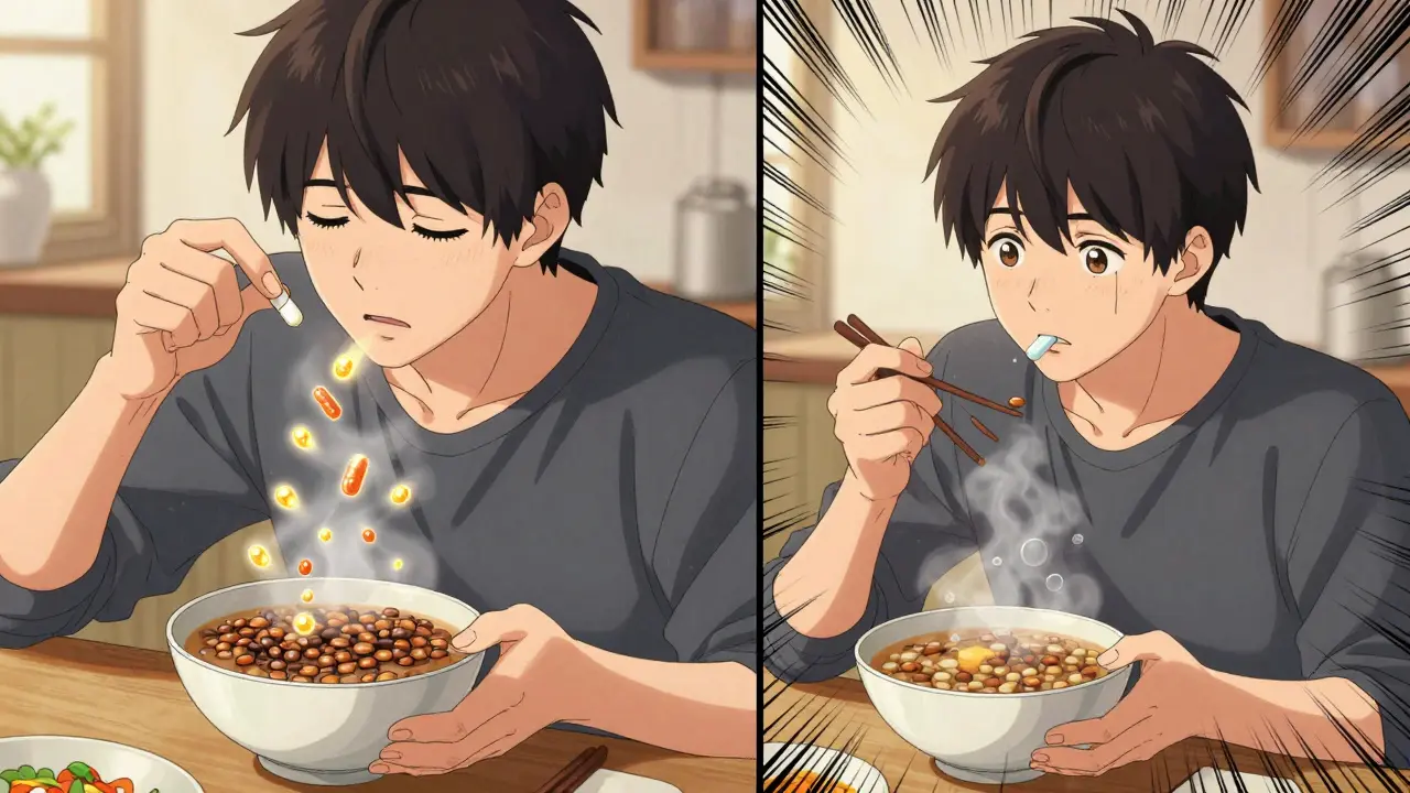 Split scene: person taking Beano before eating lentils, then enjoying meal calmly, manga style.