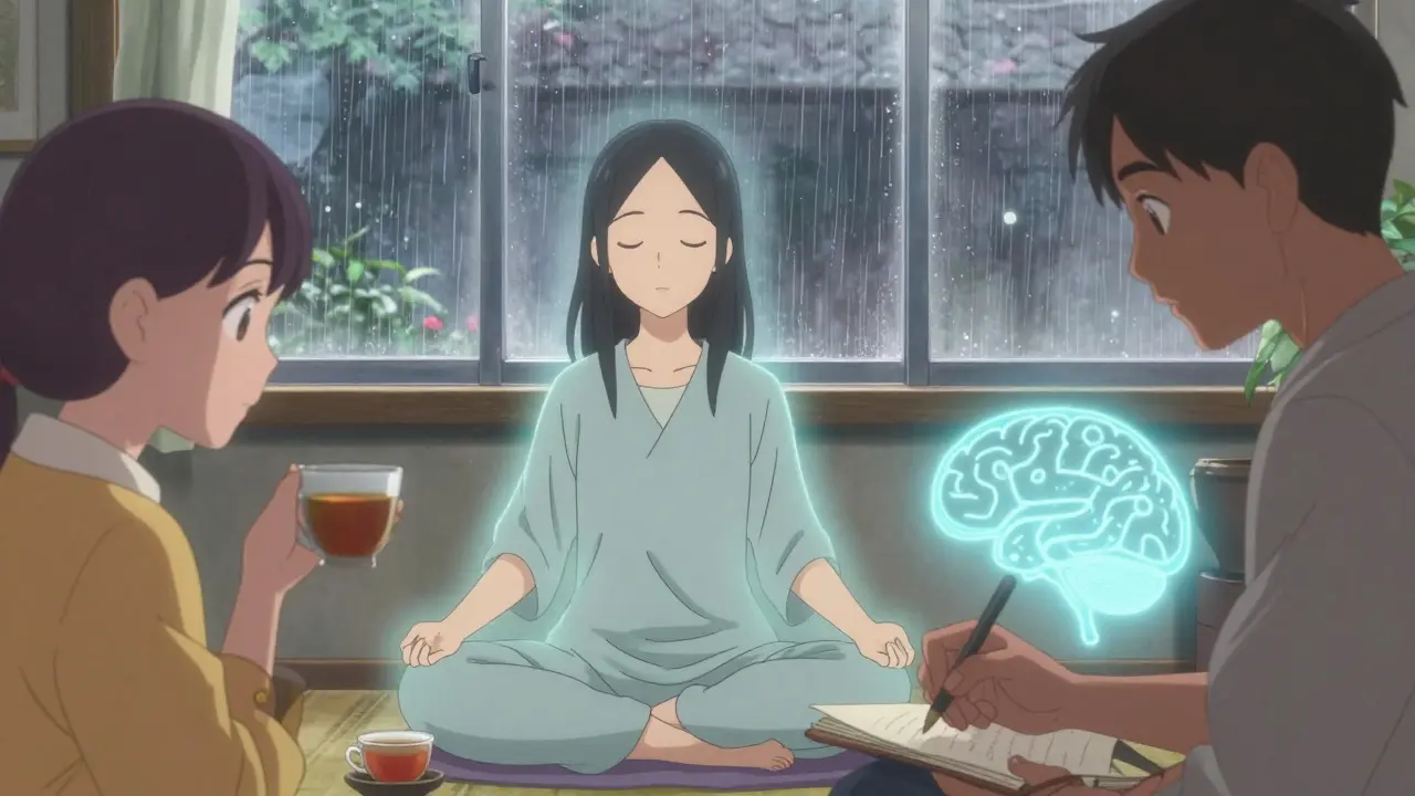 Three people in community center practicing mindfulness, conversation, and journaling, gentle rain outside, warm pastel lighting.