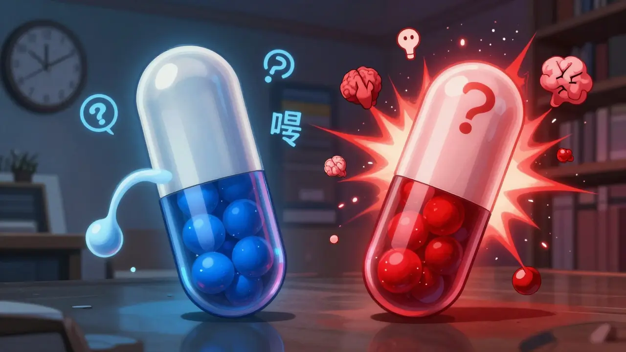 Two generic capsules with different release systems shown side by side with symbolic symptoms.