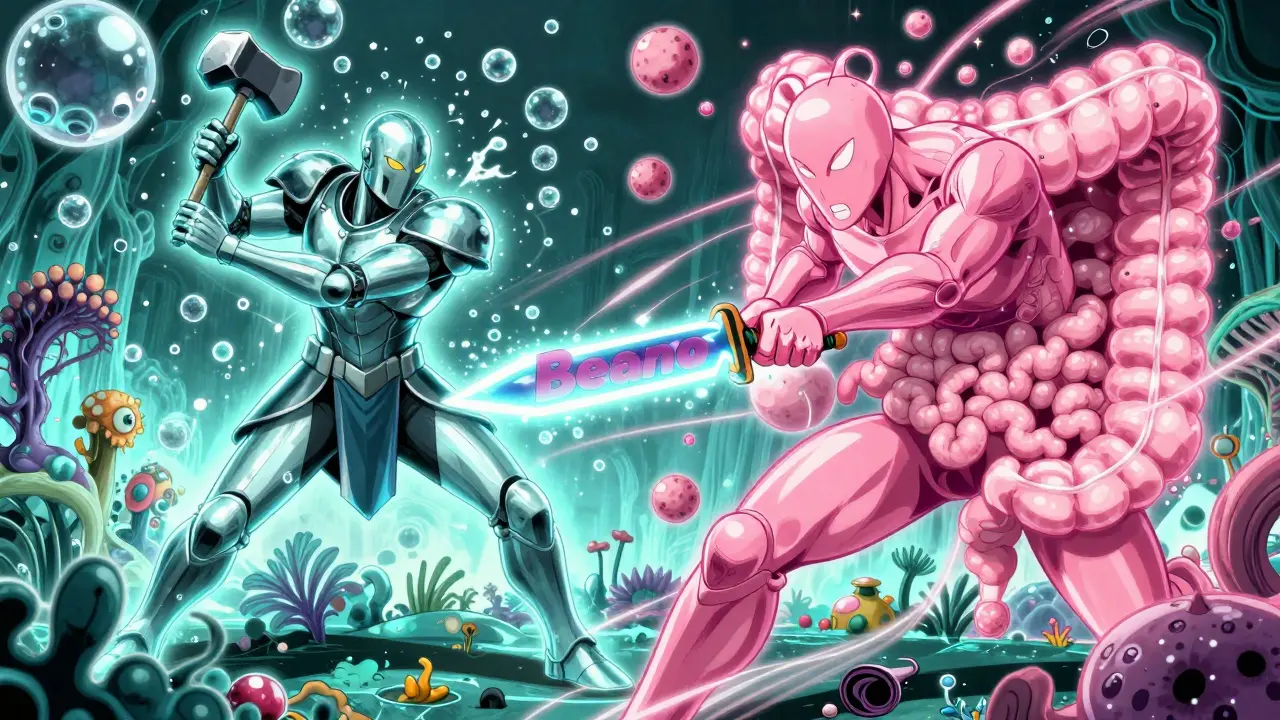 Two warriors fighting gas in intestines—simethicone shatters bubbles, enzyme blade breaks carbs, sci-fi anime.