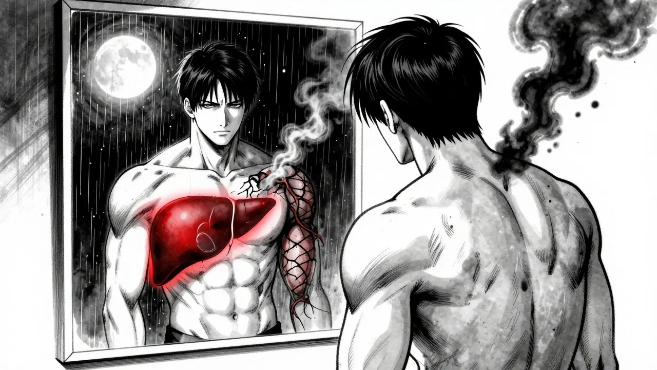 A man's reflection shows a healthy liver on one side and a scarred, damaged liver on the other.