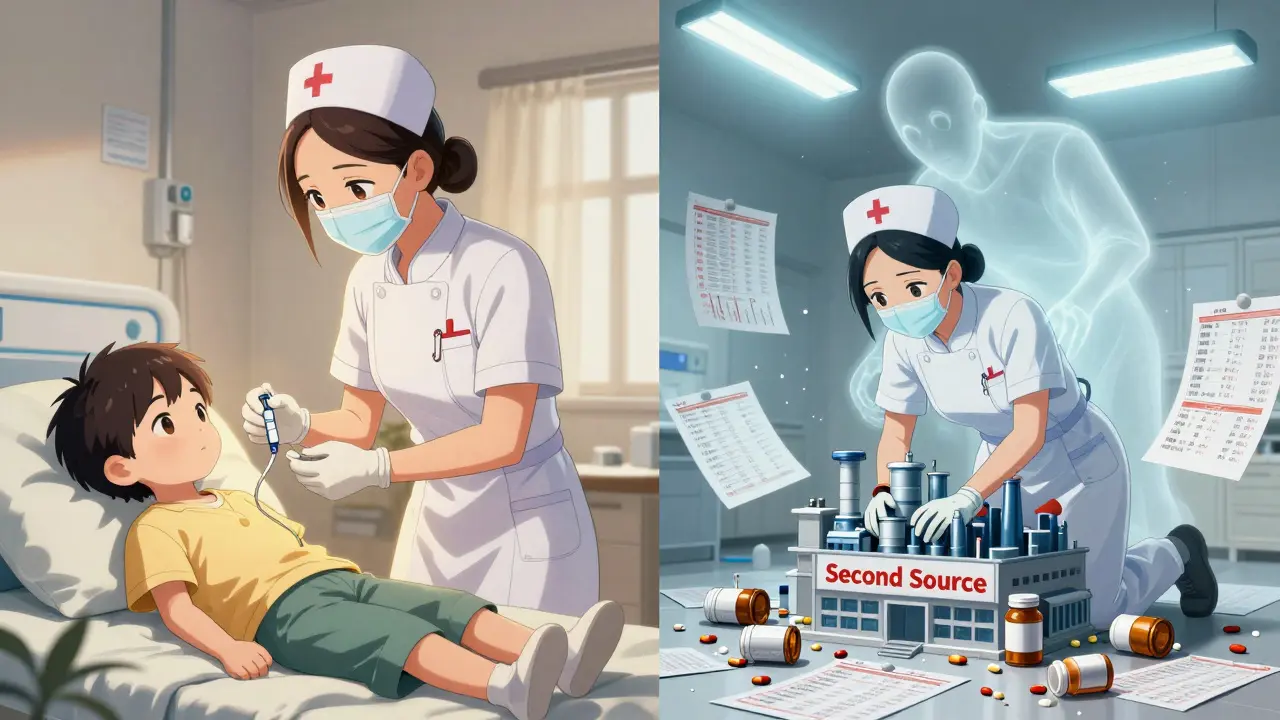 A nurse calmly administers medicine to a child while chaotic supply issues loom behind her in a split-panel scene.