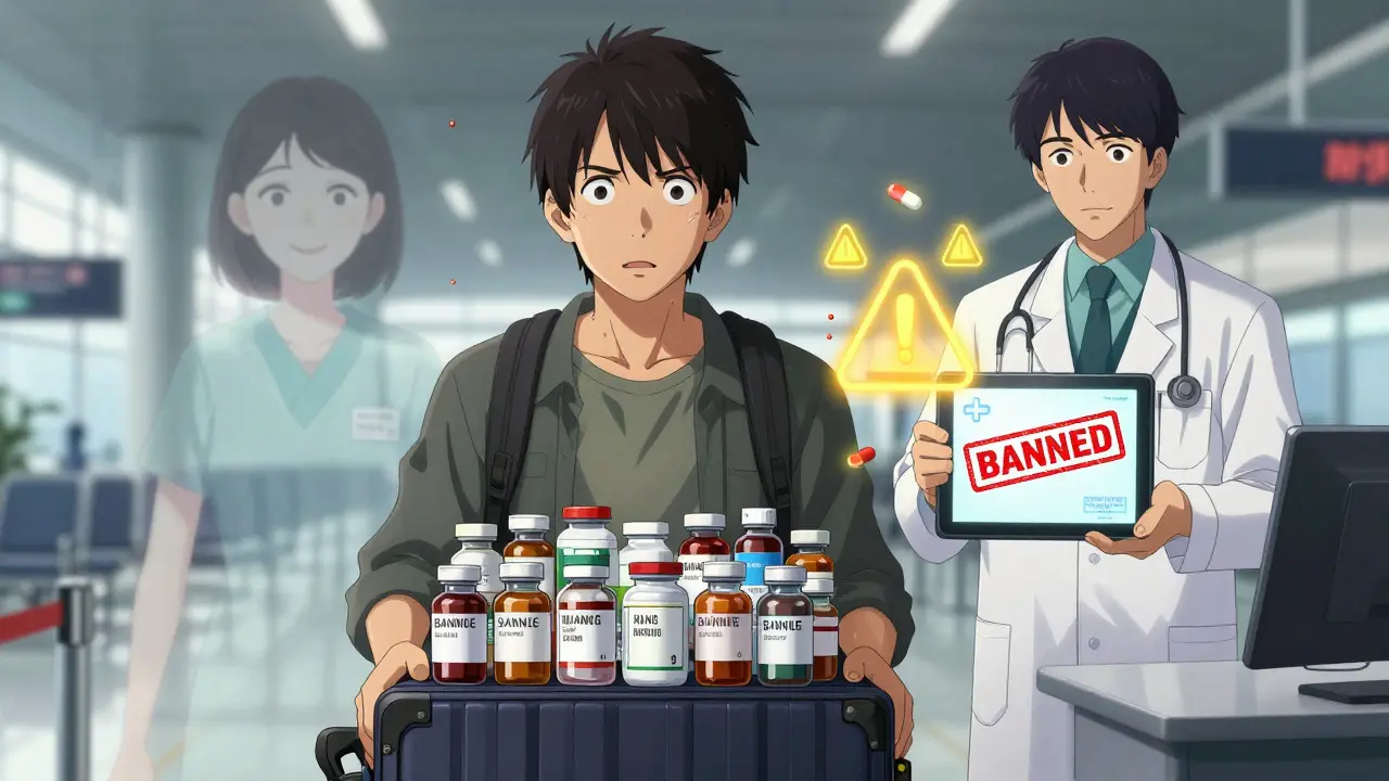 A patient arrives home with unmarked medications as their doctor blocks them at customs with a banned drug alert.