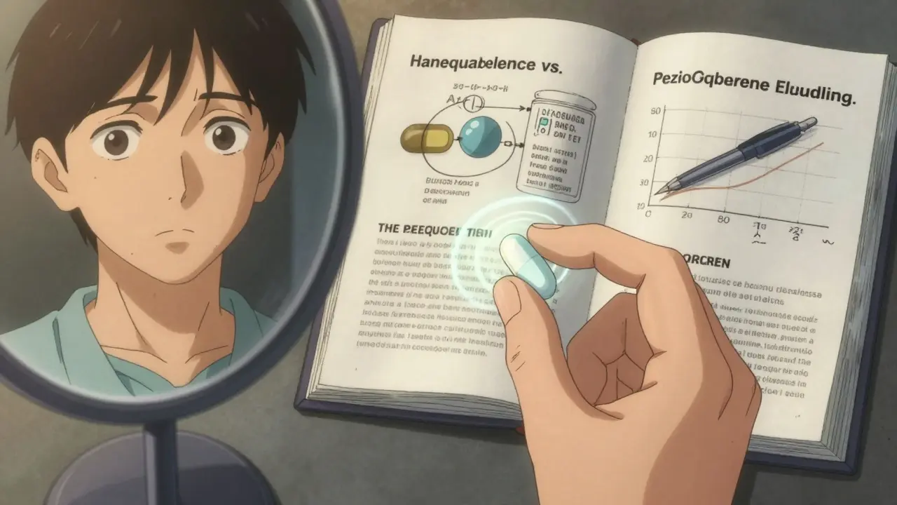 A patient holding two pills, one glowing steadily, the other emitting irregular energy ripples.