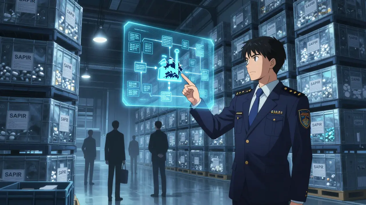 A vast federal warehouse stores raw drug ingredients in crates labeled SAPIR, under cold blue emergency lighting.