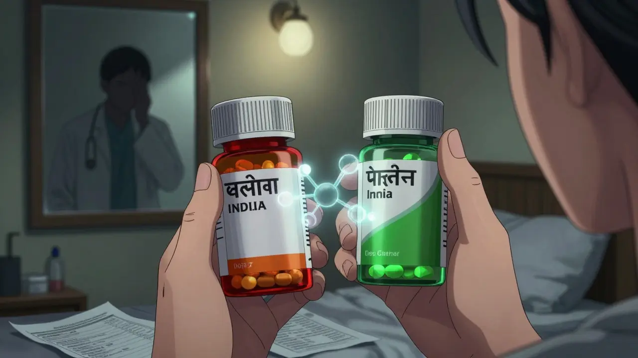 A woman compares pill bottles from India and Canada, with mismatched dosages glowing red and green.