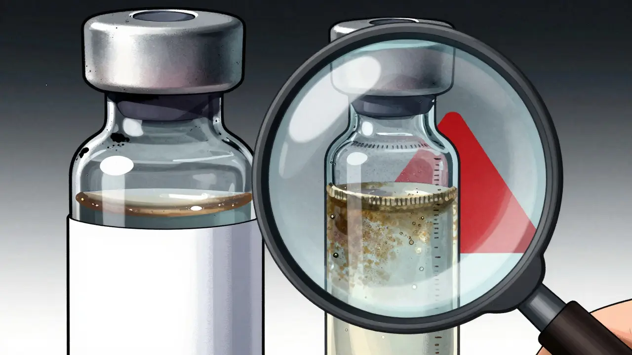 Close-up of degraded insulin vial and epinephrine injector showing discoloration