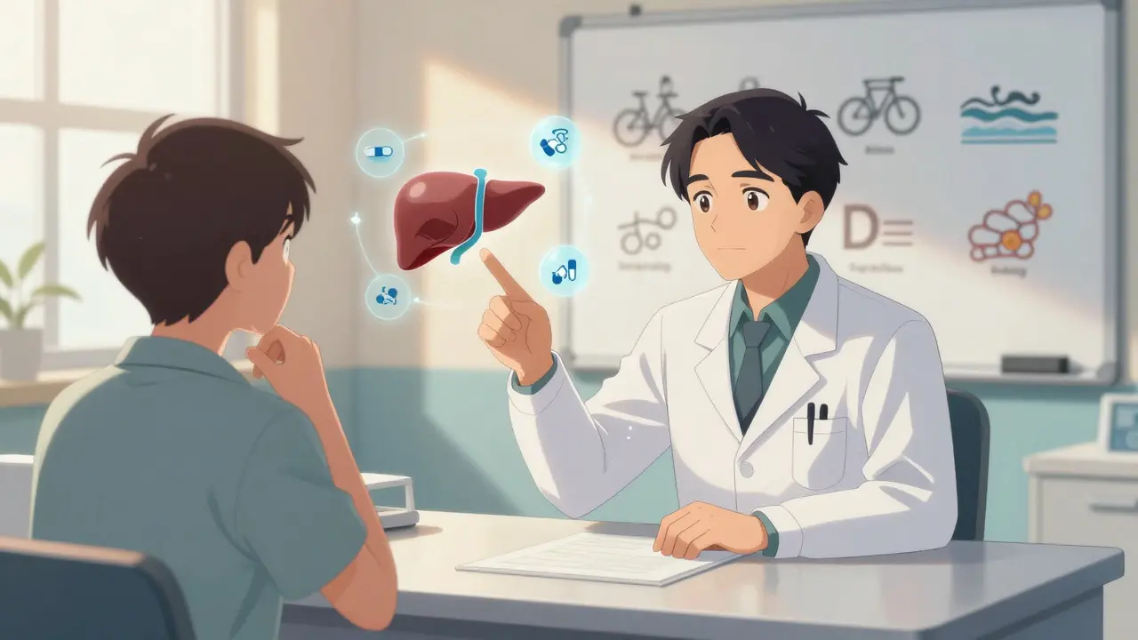 Doctor explaining statin types to patient using visual diagrams in a clinic setting.