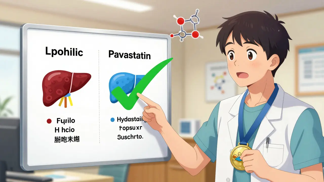 Doctor explaining statin types, with hydrophilic statins shown as safer for muscles.