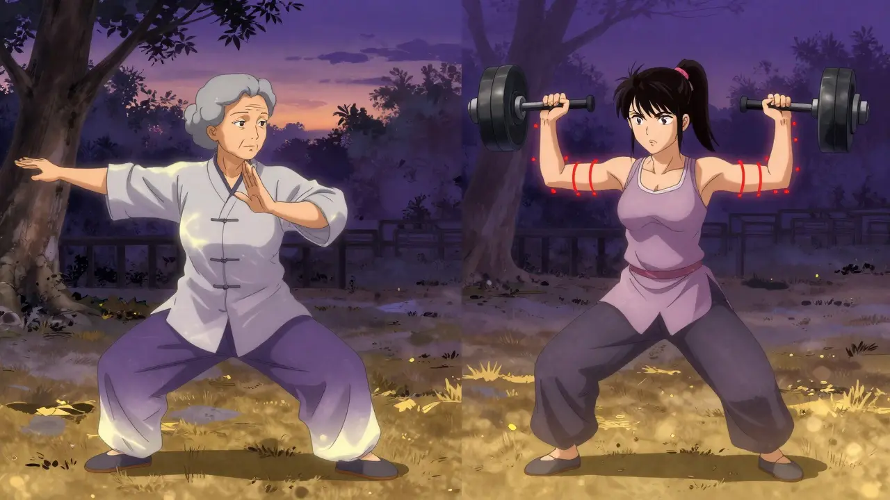 Elderly woman practicing tai chi, contrasted with past intense weightlifting, showing muscle adaptation.
