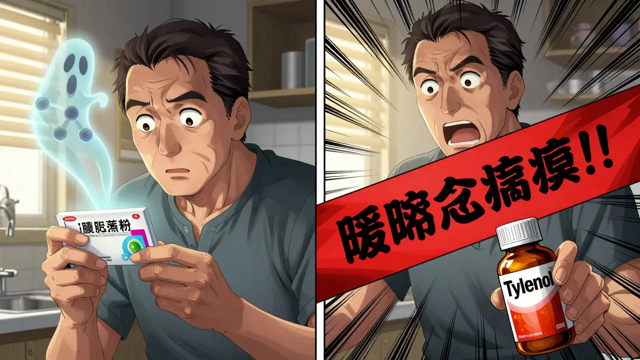 Person shocked by hidden acetaminophen overdose risk on OTC medicine labels.