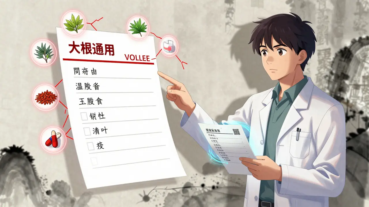 Pharmacist explaining drug interaction hazards via holographic label with herbs and alcohol warnings.