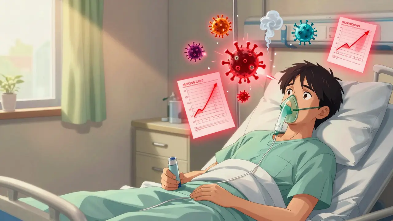 Split scene: calm daily inhaler use vs. hospital emergency, with floating infection and pollution symbols, contrasting emotions.