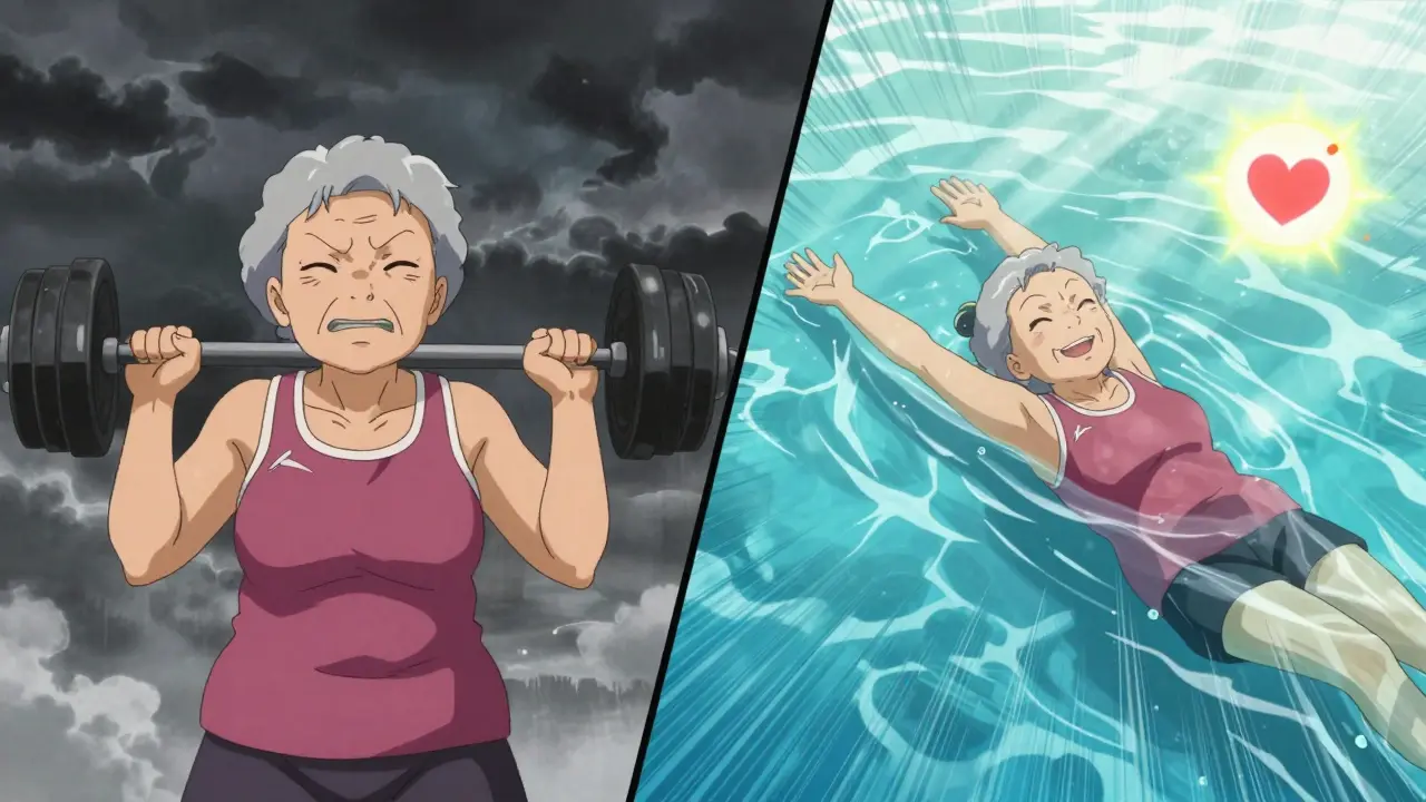 Woman switching from heavy lifting to swimming, illustrating safe exercise alternatives.