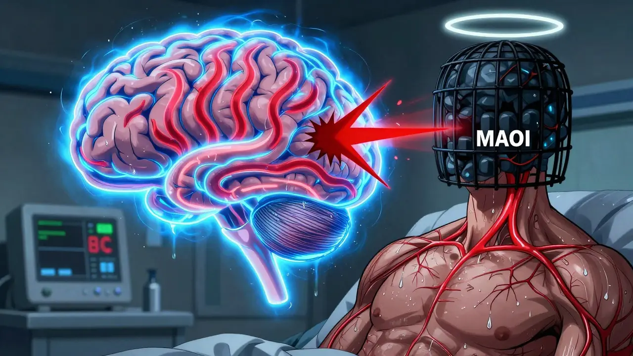 A brain illustration with violent serotonin surges from dextromethorphan and MAOI interaction, showing internal danger.