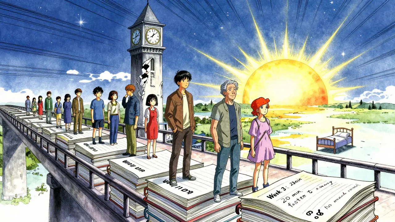 A diverse group walks across a bridge of sleep diaries toward a sunrise, as a crumbling medication tower fades behind them.