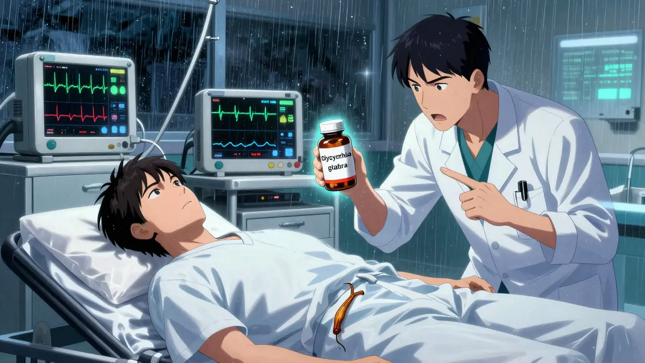 A patient in ER with erratic heart monitor, a licorice root visible in their pocket.