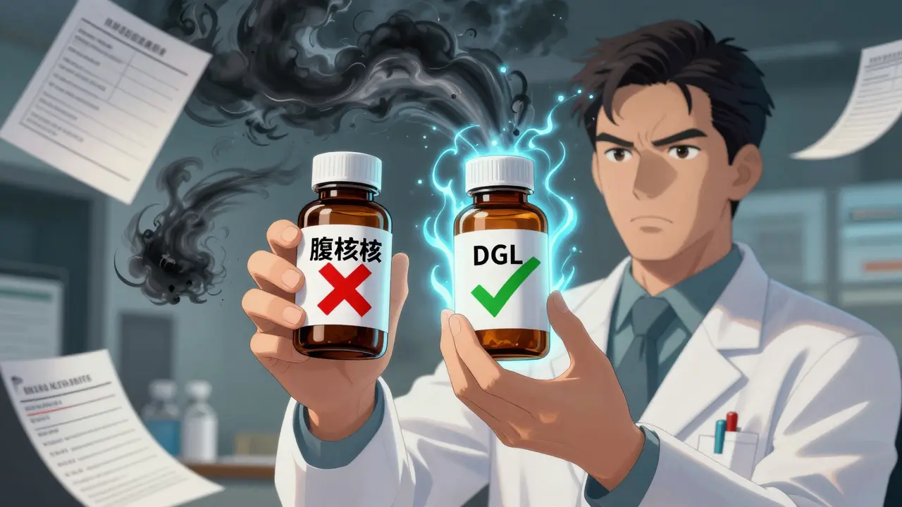 A pharmacist comparing licorice supplement and DGL bottles with glowing symbols of danger and safety.