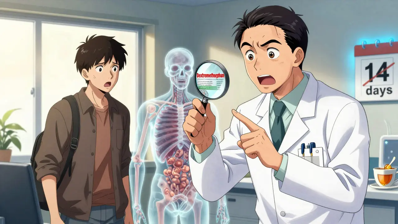 A pharmacist pointing out hidden dextromethorphan on a label while a patient's body reveals internal serotonin overload.