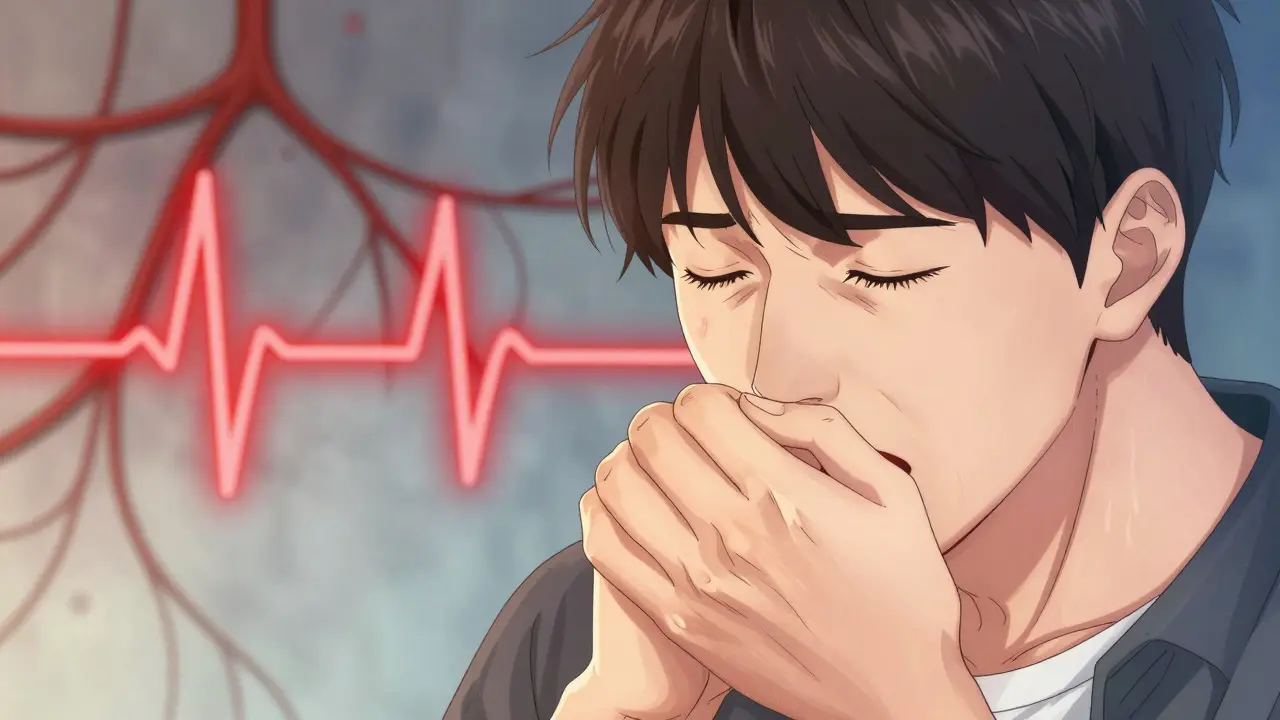 Character showing cough and fatigue symptoms