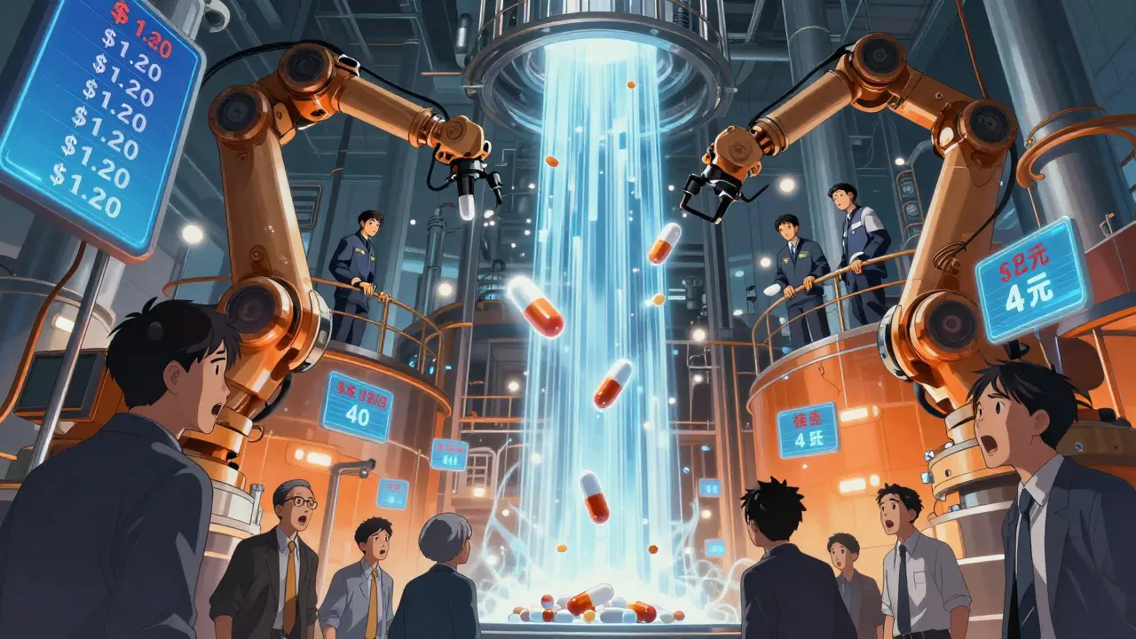Chinese pharmaceutical factory with robotic arms and a falling price waterfall from .20 to 4 cents.