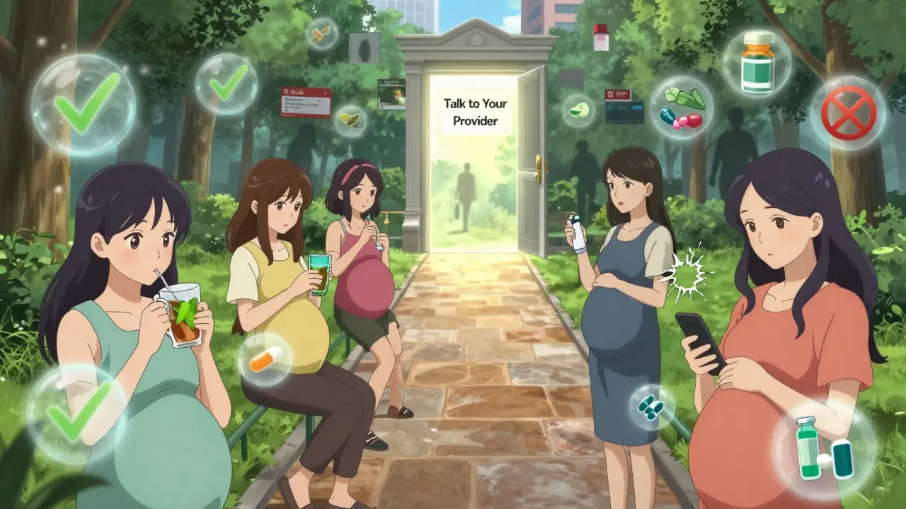 Diverse pregnant individuals surrounded by safe and unsafe medication icons in a park.